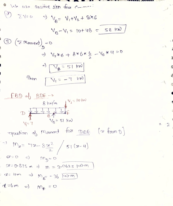 We nositive sign for Conna.. Zv=o No= V,+V₂ + 8x6 Vo-Vi = 10+ 48 € 58IWA ** (moment), - V2*6 + 8*6* 6 -Vo*u=0 3 = 51 KN B The