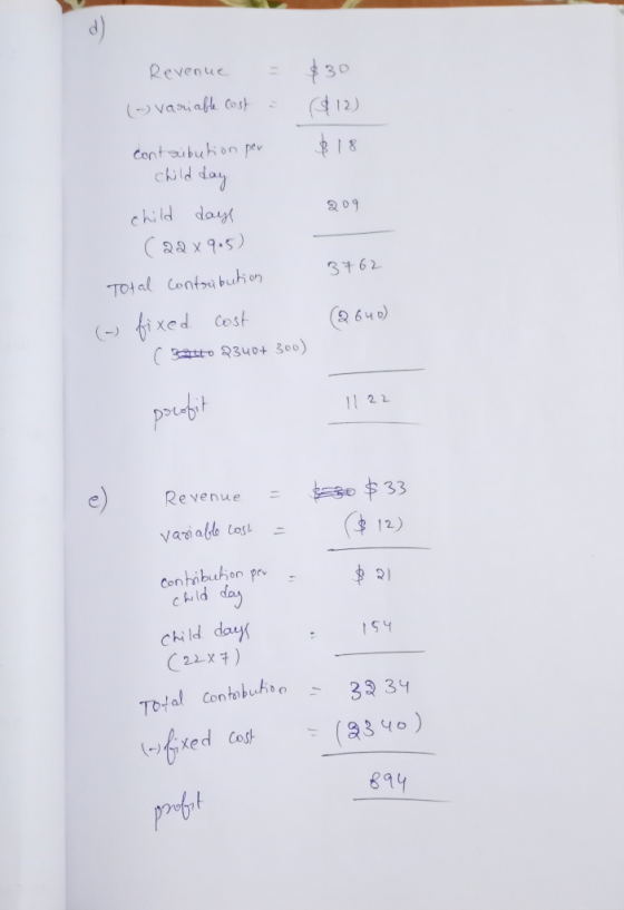 Revenue (-) variable cost = : $30 $12) 209 contribution per child day child days (22x915) Total contribution (- fixed cost ca