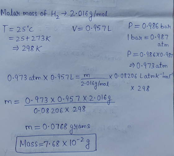 Molar mass of He → 2.0169/mol T= 25°C - 6 V=0.9572 P=0.986 bar = 25+273K I bar = 0.987 = 298K atm P=0.986X0.987 = 0.973 atom