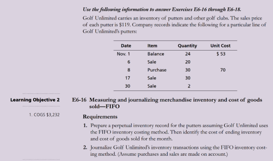 Use the following information to answer Exercises E6-16 through E6-18. Golf Unlimited carries an inventory of putters and oth