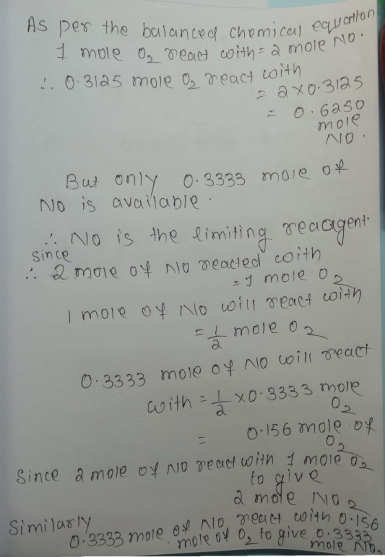 AS per the bulanced chemi cal eqwerton mole o, veact coith-a mole No. .0.3la5 mole 0, eact oith 2 axo-31a5 O.6a50 NO But only