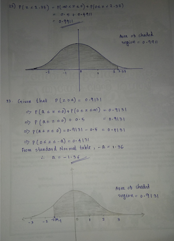 22) Plz 22.37) - PL-00 LZ60) + Plosz 22.37) = 0.5 + 0.4911 - 0.9911 Area of shaded region = 0.9911 2 2.37 23. Given that P( z