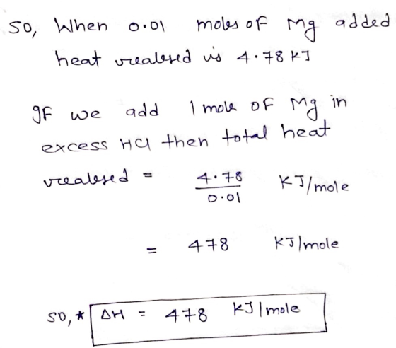 So, when oro moles of ing added heat vealsed us 4.78 kJ gf we add i mole of Mg in excess ha then total heat vealsed = 4.78 kJ