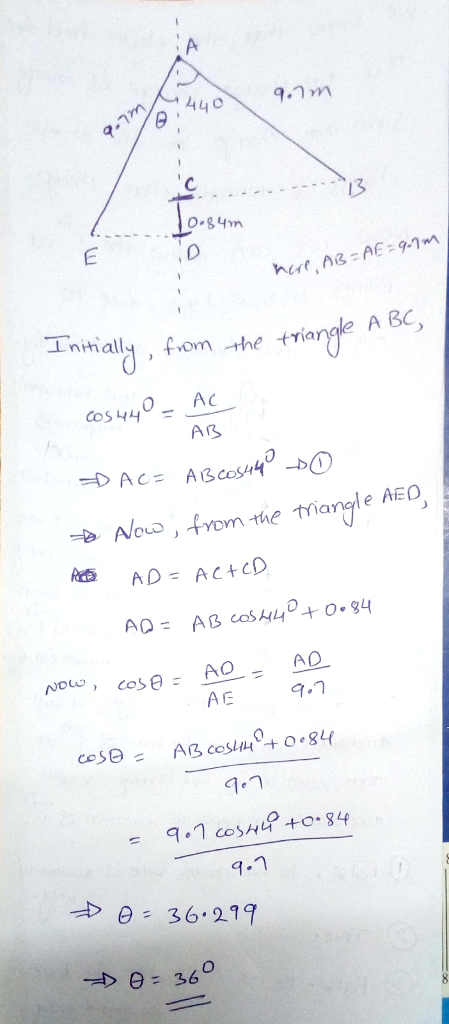 13 O.84m nthall dfom the triangle A BC, AB from te hanyle E AO AD Now, cose. 9-1 e 36.217