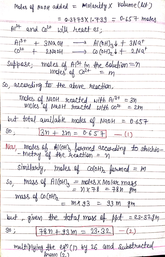 Moles of Naoh added = Molarity x volume (lit) = 0.3779 X 1.739 = 0.657 moles - Aist and co2t will react as; Apt + 3NaOH ALCO