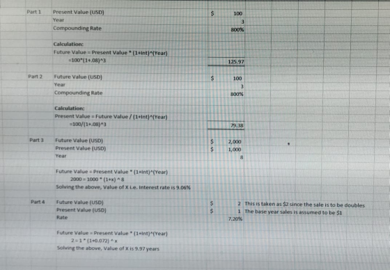 Parti 100 Present Value (USD) Year Compounding Rate 800% Calculation: Future Value = Present Value (1Hnt)^(Year) =100*(1+.08)