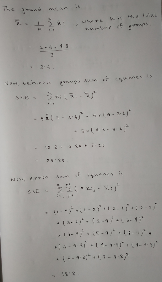 The awand mean whene is bhe total number of aroups 3 3.6 N ow, be eenmops sum of squnnes is 5a( 2-3%) 5x(4-3, 6) + 2- + 5x(4.