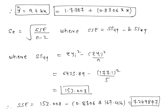 ssuy -b ssay y = qt br 1.7787 + 0.8 106 * X Se = SSE where SSE = n-2 Ey;?- (843? = where Sluy n = 6425.89 (177.1)? S = 153.00
