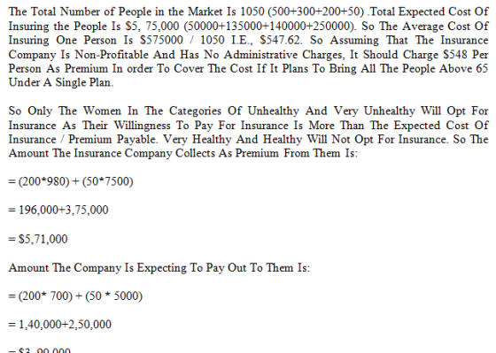 The Total Number of People in the Market Is 1050 (500+300+200+50) Total Expected Cost Of Insuring the People Is $5, 75,000 (5