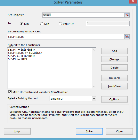 Solver Parameters Set Objective: $B$21 To: Max Min value of: By Changing Variable Cells: $B$14:$B$16 Subject to the Constrain