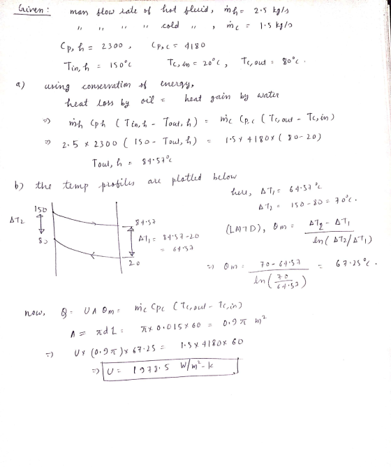 criven: mass flow rate of hot fluid, in h= 2.5 kgis cold eine = 1.5kg/ Cp, h = 2300 , CP, C = 4180 . Tin, h = 150°c
