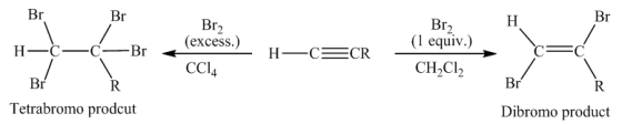 Br
BC
Br2
H
H—
C—
C—
Br
(excess.)
-
CC14
H
-CECR
Br2
(1 equiv.)
CH2Cl2
Br
Br
Tetrabromo prodcut
Dibromo product
