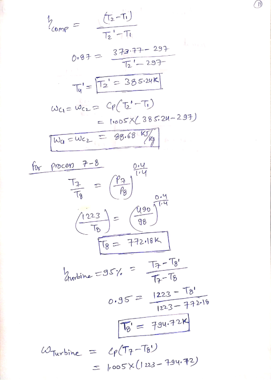 comp . (tz-Ti) Ta-To 0.875 373.77- 297 Ta-297 Tu Taa = 385.24k W=Wcz = Cp (T2-T.) choos8385.24-297) Wa=Wez Klug for proc