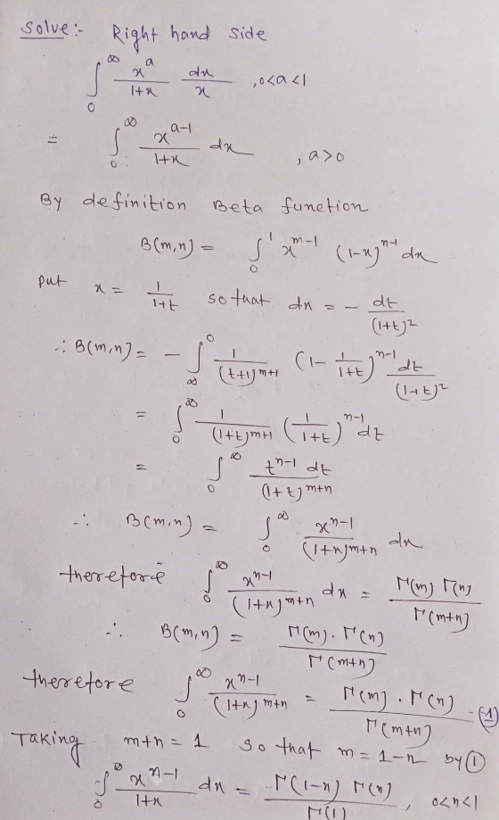 solve: Right hand side dn a 2 Itu ola</ n O al li da Hn , a> By definition Beta function B (m, n) = Sm- (1-xy* dm put 14 s
