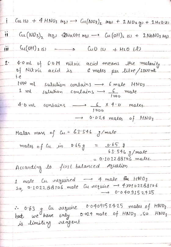 i Hi au 15) + 4HNO3(aq) -> Cu(NO3)2 (aq) + 2ND2.83 + 2H206). Cu(NO3)2 (20) 2NaOH AY) - Cu(OH), (8) + 2 NANO3(aq). Cu(OH)2.15)