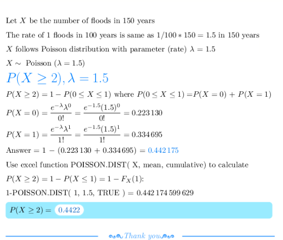 Let X be the number of floods in 150 years The rate of 1 floods in 100 years is same as 1/100 150 1.5 in 150 years X follows