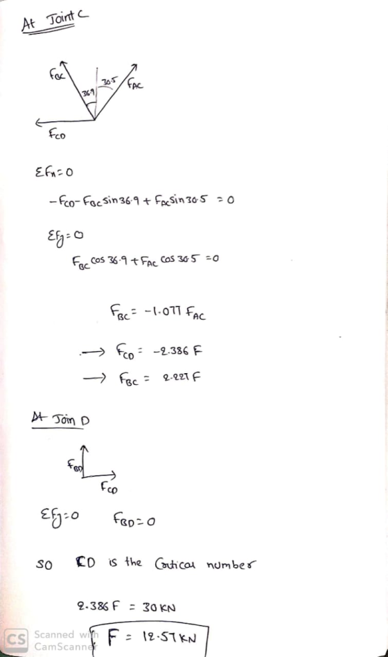 At Joint C Efn=0 - fco-Focsin 36:9 + facsin 30.5 =0 Efg=0 Foc cos 36.97 FAC COS 365 0 Foc= -1.071 FAC → Fo= -2.386 F - Foc =