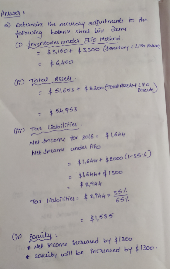Answer a) Determine the necessary adiuitmente to the following balance sheet line items. ( Inventories cender FIFO Method. -