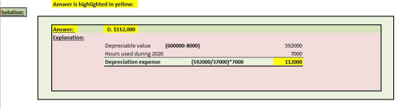 Answer is highlighted in yellow: Solution: D. $112,000 Answer: Explanation: Depreciable value (600000-8000) Hours used during