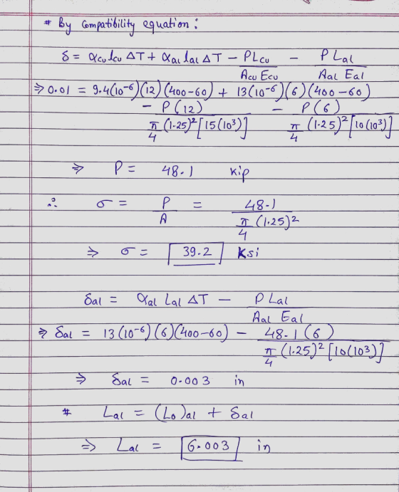 # By compatibility equation : S=Xcolcu ATt Cailar AT - Plcu - Plal . Acu Ecu Aal Eal |>0.01 = 9.4610-6) (12) (400-60) + 13(10