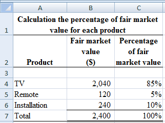 А
Calculation the percentage of fair market
value for each product
1
Fair market Percentage
value
of fair
Product
(S)
market