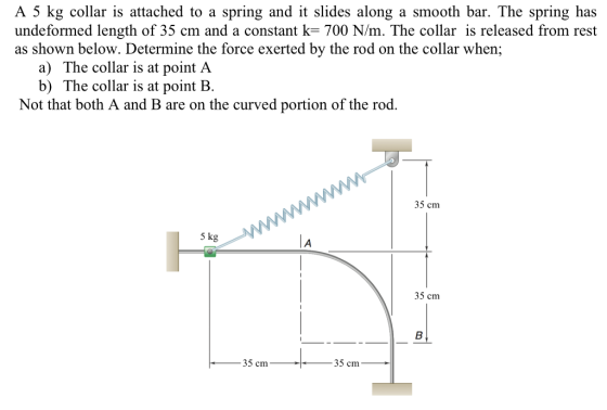 A 5 kg collar is attached to a spring and it slides along a smooth bar. The spring has undeformed length of 35 cm and a constant k= 700 Nm. The collar is released from rest as shown below. Determine the force exerted by the rod on the collar when; a) The collar is at point A b) The collar is at point B. Not that both A and B are on the curved portion of the rod. 35 cm 5 kg 35 cm -35 cm- 35 cm