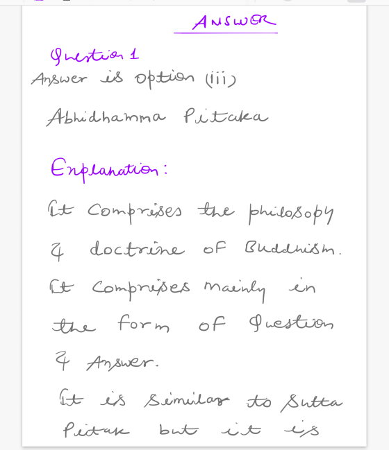 Answer question 1 Answer is option (iii) Abhidhamna Pitaka Enplanation: Int comprises the philosopy 2 doctrine of Buddhism. I