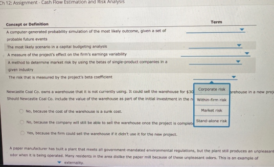 Ch 12: Assignment - Cash Flow Estimation and Risk Analysis Term Concept or Definition A computer generated probability simula