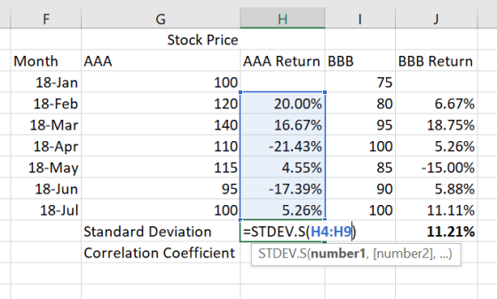 15 120 80 95 Stock Price Month AAA AAA Return BBB BBB Return 18-Jan 100 18-Feb 20.00% 6.67% 18-Mar 140 16.67% 18.75% 18-Apr 1