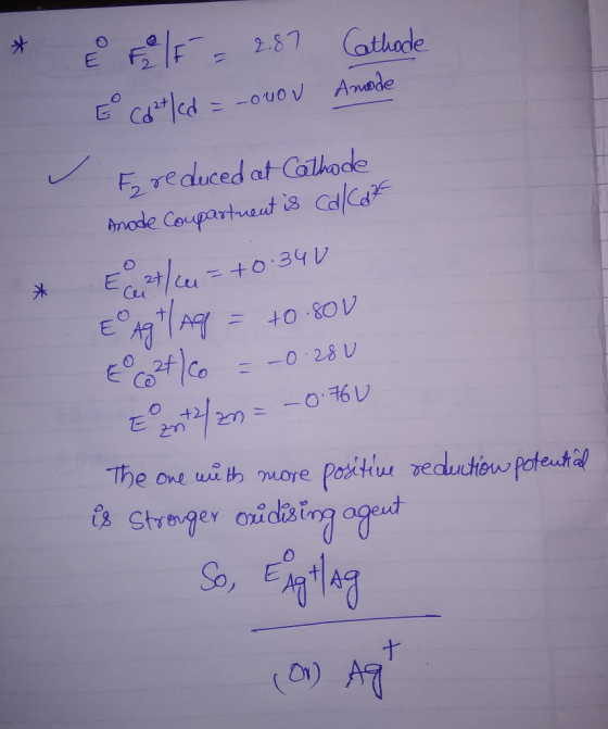 * & Felt 2.87 Cathode E co²tlcd = -ouou Anode Fa reduced at Cathode Anode Coupartment is calcat E 27/4 = +0.340 E Ag (Ag = +0
