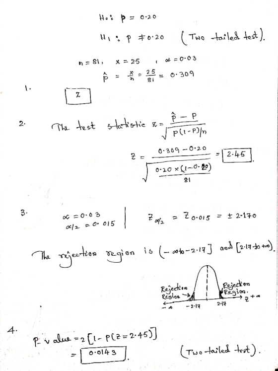Hoo P = 0.20 Hi:p #0-20 ( Two tailed test). - 81, x = 25 t 8 = 0-0 3 Ñ = -25= 0.309 .. 2 – P. 1. 2. The test statistic Zw= 2