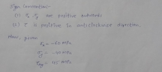 Sign Convention- are positive outwards (2) C is popitive in anticlockwise direction. (1) xy How, given = - 60 mpa - – 40 mpa