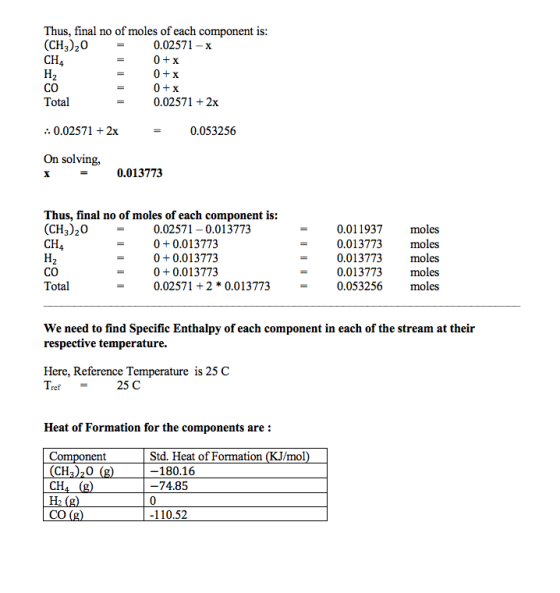 CH4 Thus, final no of moles of each component is: (CH3)20 0.02571 - x 0+ x H2 0+ x CO 0 + x Total 0.02571 + 2x -0.02571 + 2x
