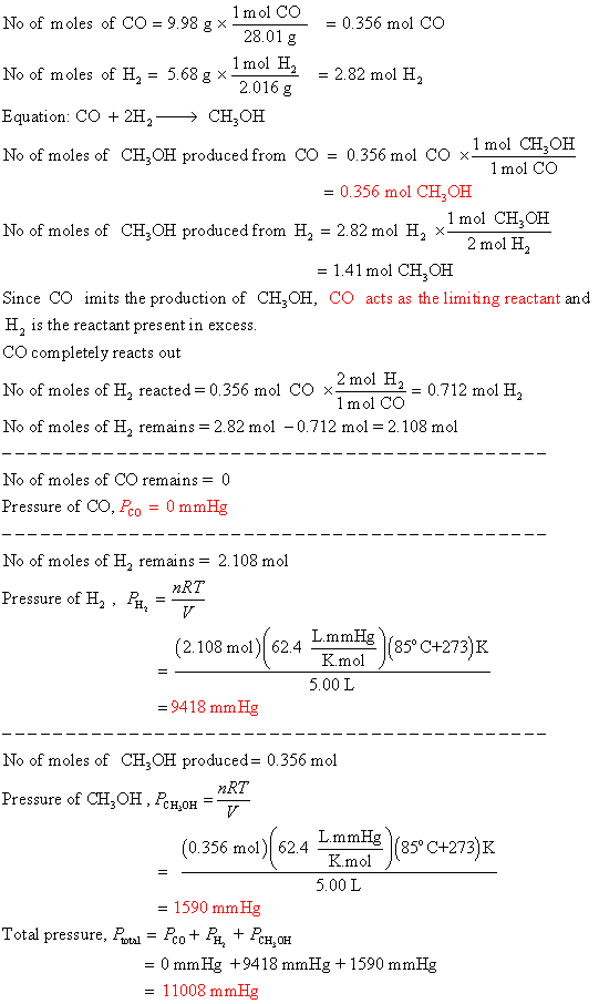 1 mol CO 0.356 mol CO No of moles of CO 9.98 g x 28.01 g 1mol H 2.016 g No of moles of H = 2.82 mol H2 5.68 g x Equation: CO