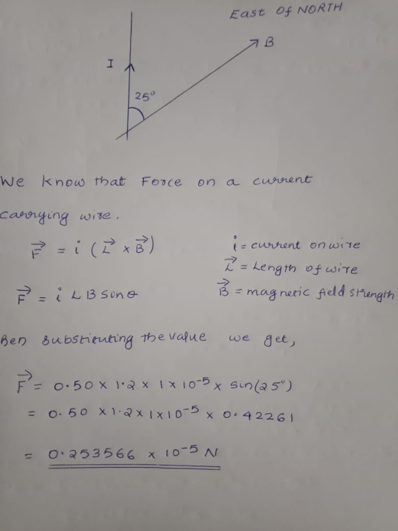 East Of NORTH 2 B I 25° We know that Force on a current carrying wire. P = i (I x B) i= current on wire I = Length of wire BE