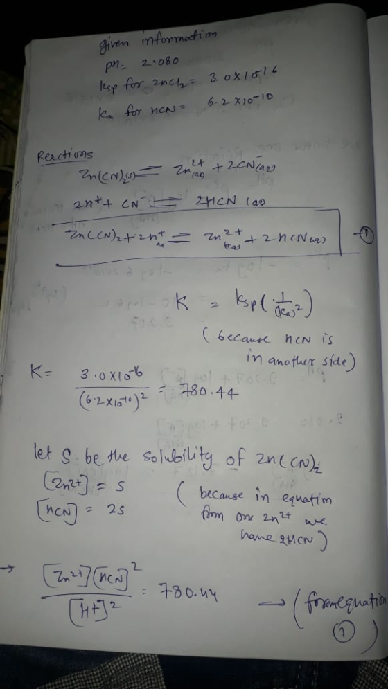 given information pn 2.080 lesp for anch= 3.0x1516 ka for new = 6-2010-10 Reactions Zn (CN),is) - ra + 2CN Cars ant + CN 24CN