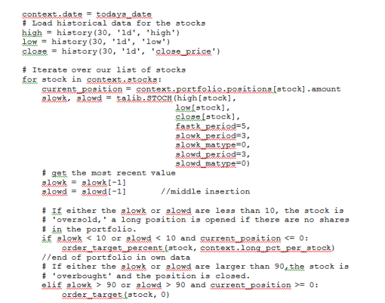 context.date todavs date # Load historical data for the stocks high - history (30, 1d, high) low-history ( 30, id, low