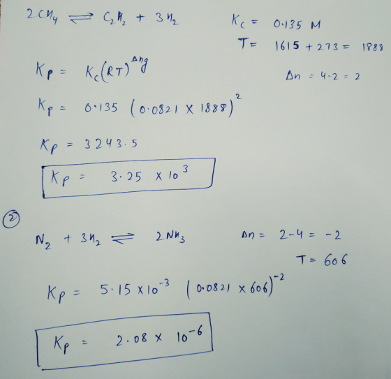 2chy - Cl + 3 M Ke= 0.135 m T= 1615 + 273 = 1888 Kp = K (RT) Ang Kp = 0.135 (0.0821 X 1888) n = 4-2 =2 6135 X Kp = 3243.5 [kp