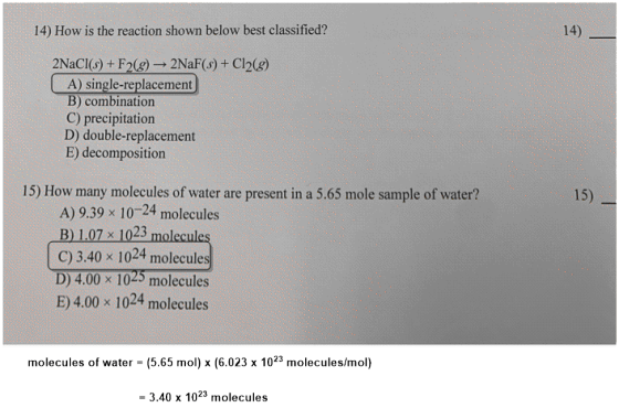 14) How is the reaction shown below best classified? 14) - 2NaCl(s) + F2(g) → 2NaF($) + Cl2(3) (A) single-replacement B) comb