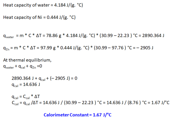 Heat capacity of water = 4.184 J/(g. °C) Heat capacity of Ni = 0.444 J/(g. °C) qwater = m* C* AT = 78.86 g * 4.184 J/(g. °C)