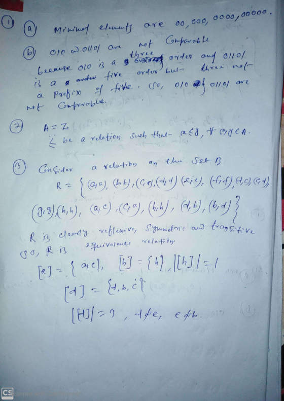 0 00,000,0000, 00000. & order five R is clearly reflisive, Symmetric and transitive Minimal elements are olo ollo are not Co