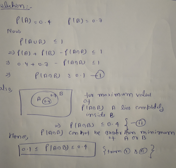 solution : - P(A)=0.4 P (B) = 0.7 Now, PLAUB) =) Z) P (A) + PIB) - P(ANB) SI 70.4+ 0.7 - PLANB) I » PLAMB) 30.1 D also for ma