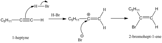 -Br
C5H11
H
H-Br
C5H11CSC-H -
C5H11C =
Br
H
0
1-heptyne
2-bromohept-1-ene
Br