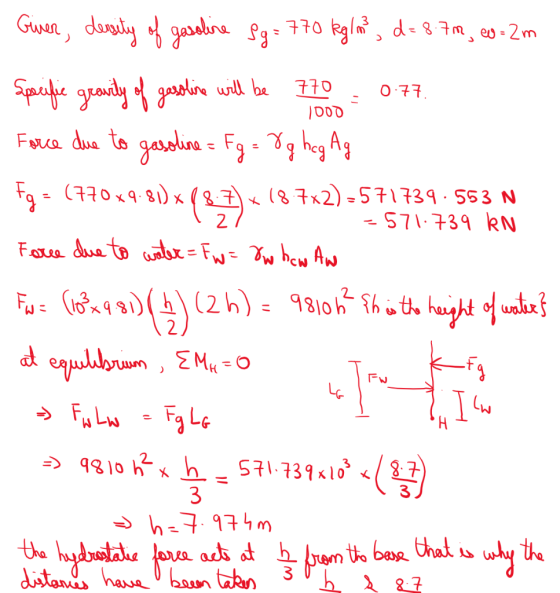 sune = Giver, dersity of gasoline sg = 770 kglima d = 8.7m, o-2m Specific gravity of gasoline will be 770 - 0.77. Force due t
