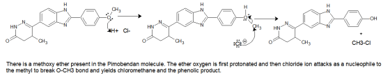 CH3 —ОН H+ CI- HNN HN CH CEO O CH CH3-CI There is a methoxy ether present in the Pimobendan molecule. The ether oxygen is fir