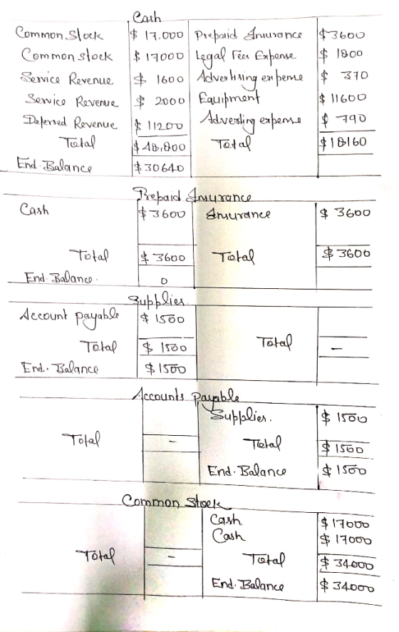 Common Slock Common slock Service Revenue Service Revenue Deferred Revenue 1 Total End Balance Cash $ 17,000 Prepaid Anurance