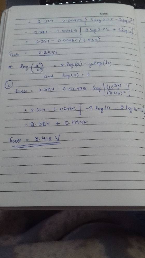 2. 324 - 000135 Date: 3 ley 205 - Blau 2.394 0.00985 3 log 2.05 5 + 6 logio + blon 2-324 - 0.00185 ( 6935) Eul 0.255V * log (