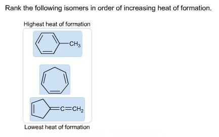 Rank the following isomers in order of increasing heat of formation. Highest heat of formation CH3 C=CH Lowest heat of format