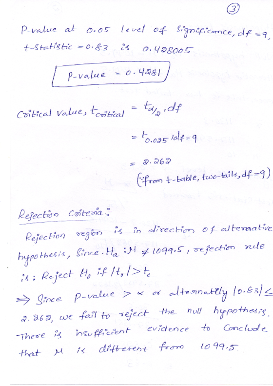 3 P-value at 0.05 + Statistic =0.83 level of significance, df = 9 is 0.428005 I P-value - 0.4981) Coitical value, tcritical =