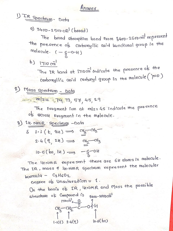 Answer 1 IR Spectoum - Data a) 3400-2500 cm (broad) The broad absorphien band from 3400-2500 cm represent the presence of ca